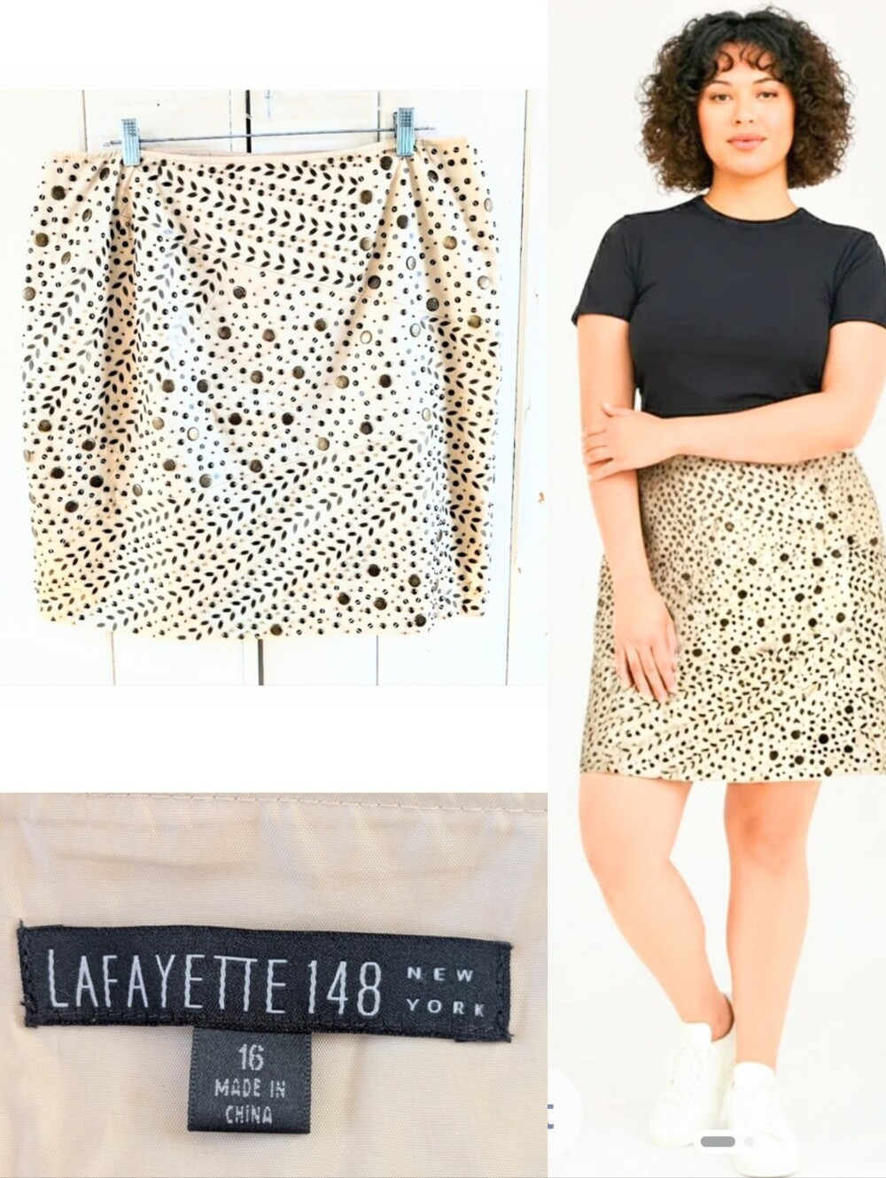 RARE! Lafayette 148 Elegant Cream and Brass Beaded Skirt sz 16